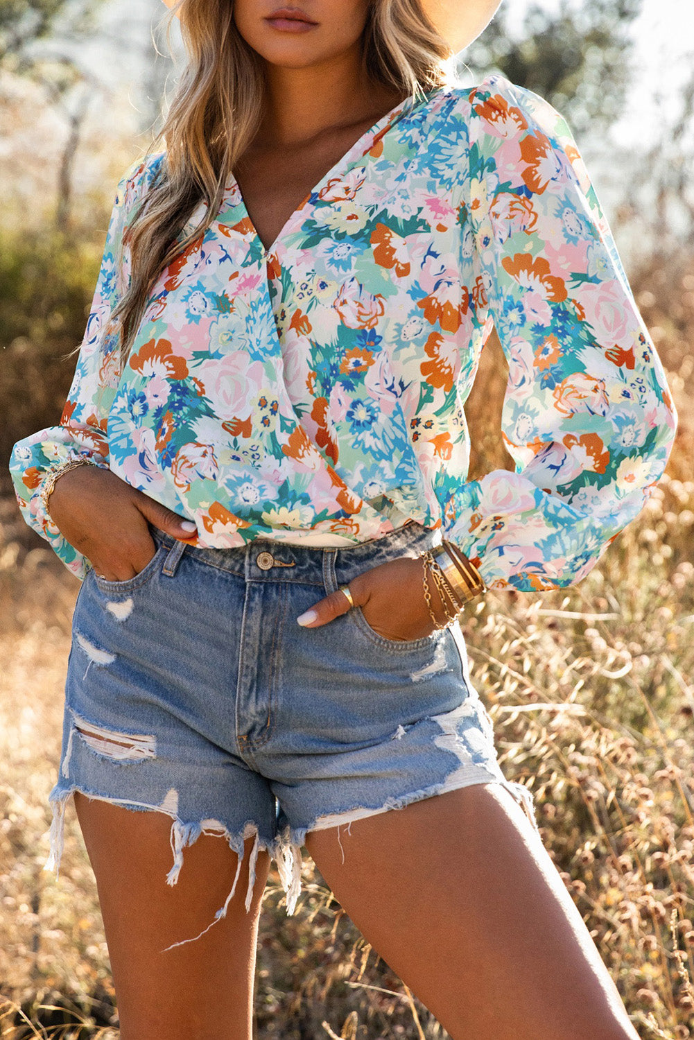 Sky Blue Floral Print Wrap Long Sleeve Bodysuit.