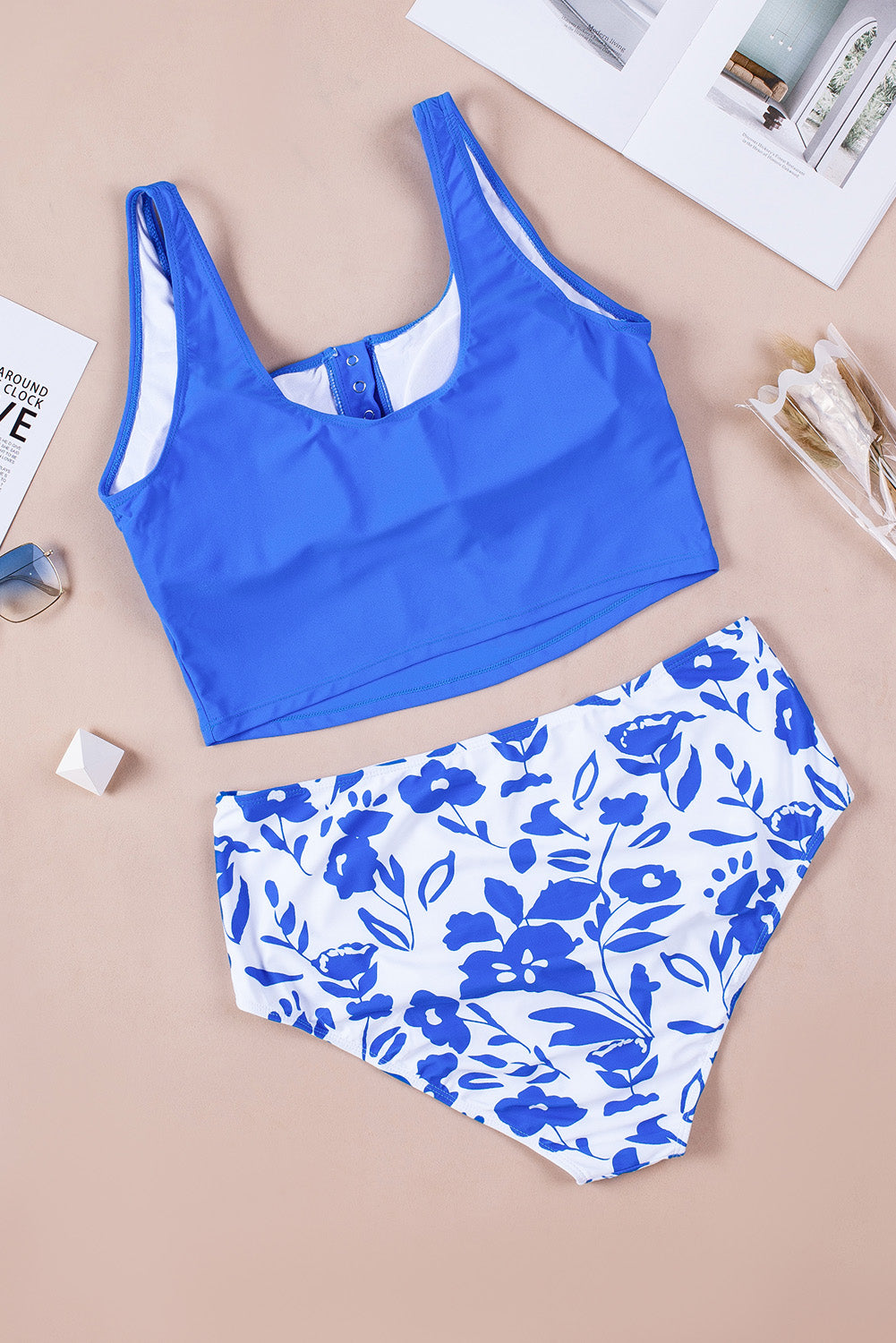 Blue Square Neck Sleeveless Fashion Print Tankini Set.