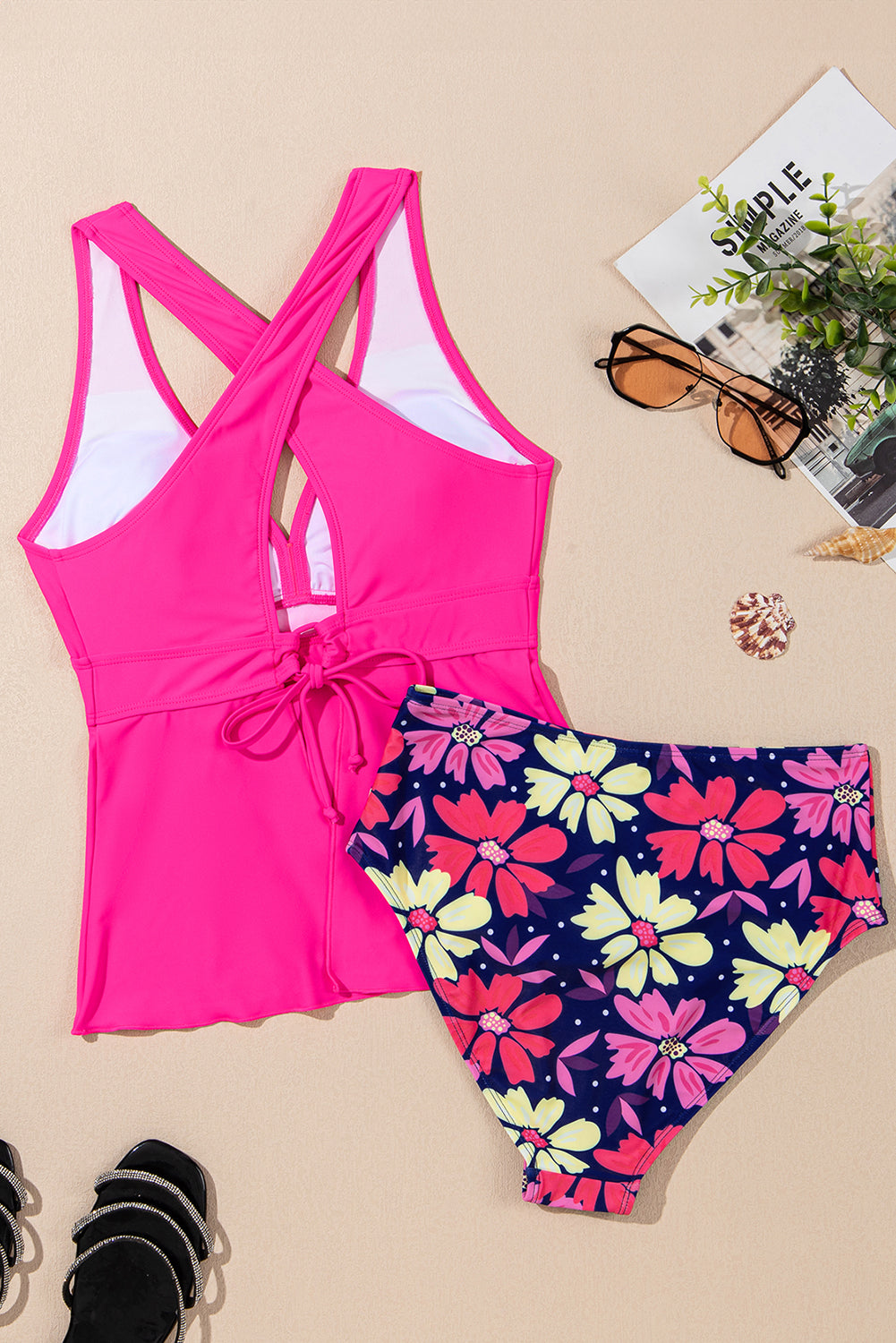 Rose V Neck Ruffled Hem Floral Bottom Tankini Set.