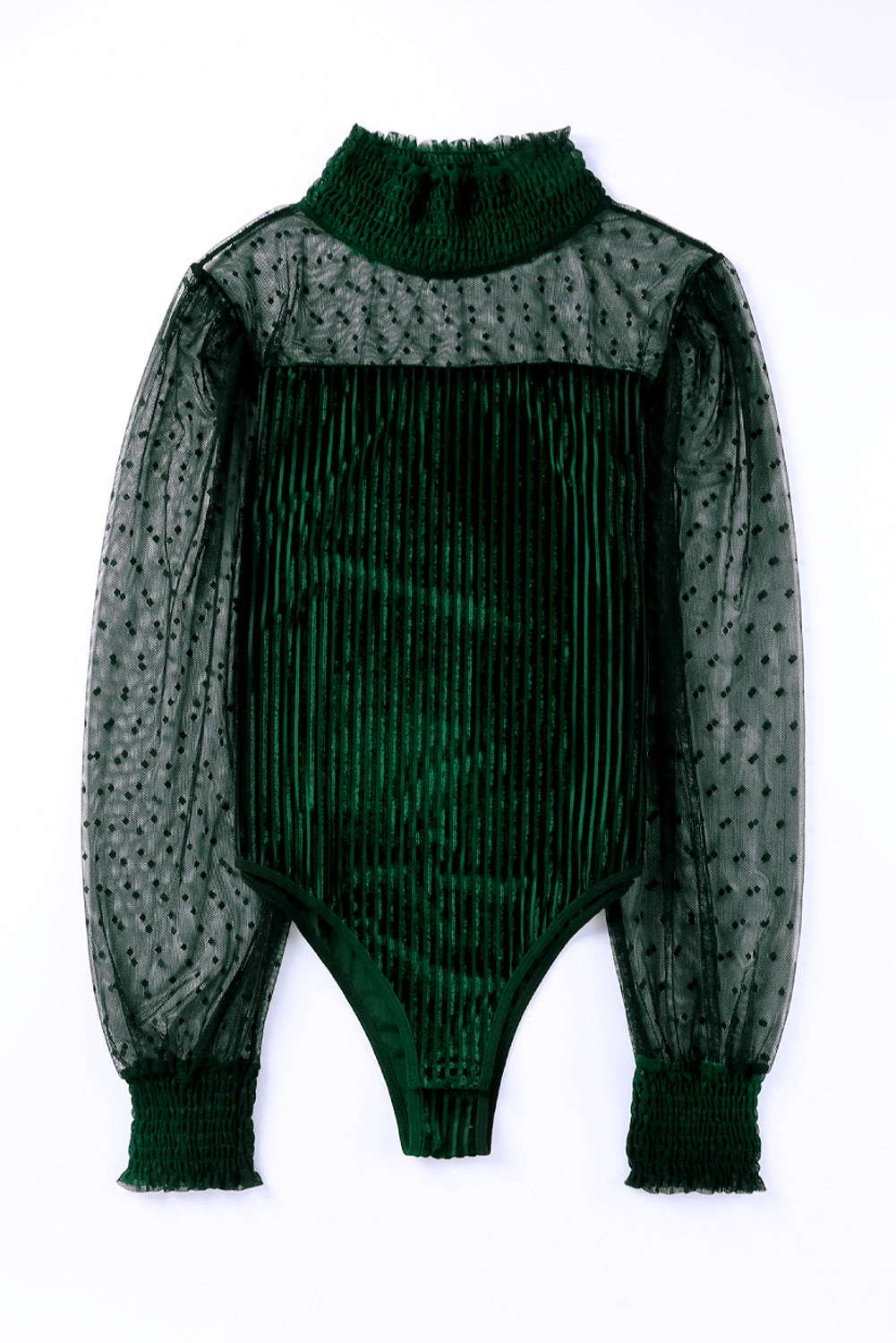 Green Sheer Dotty Long Sleeve Ribbed Velvet Bodysuit.