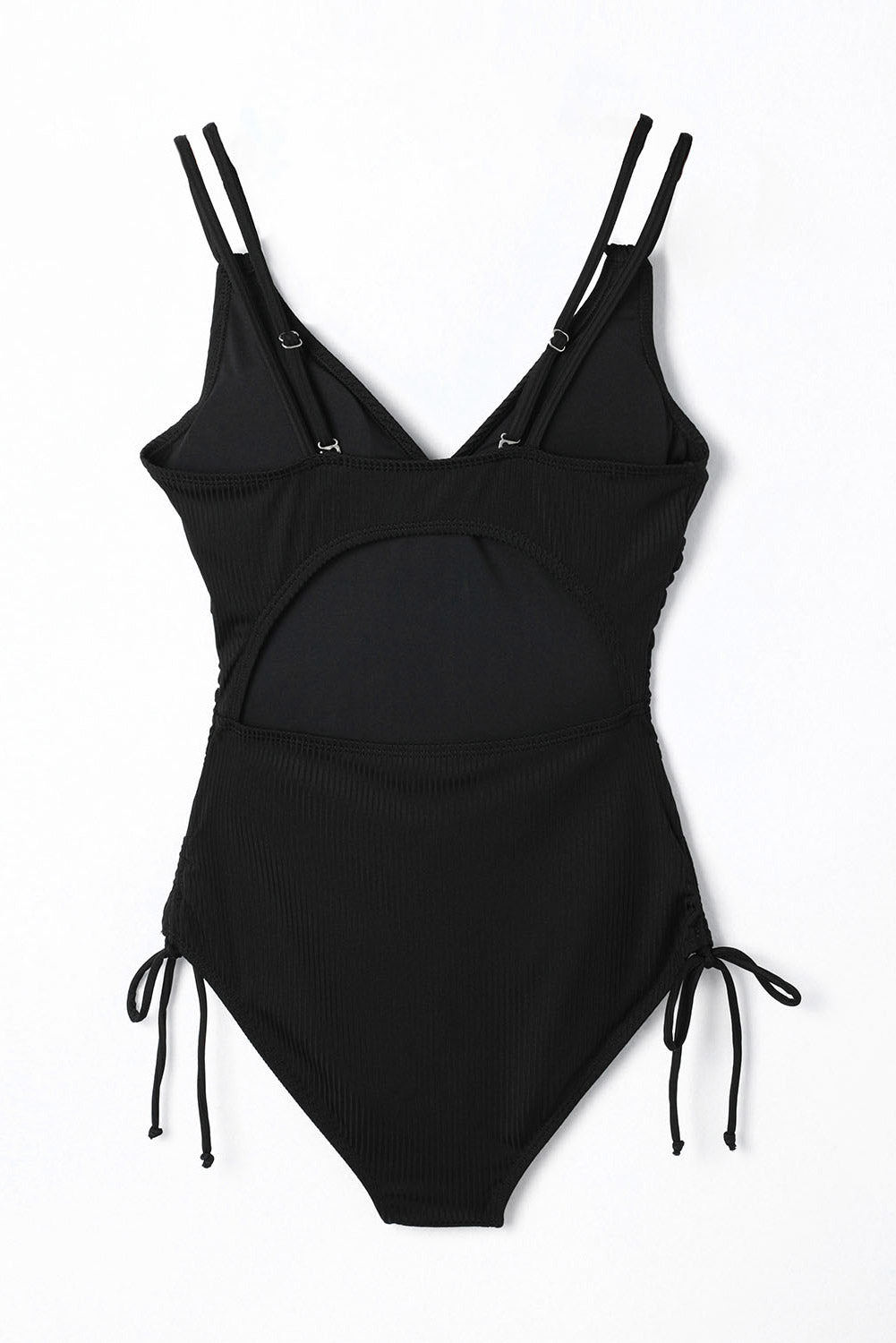 Black Adjustable Straps Ribbed Knit One Piece Swimsuit.