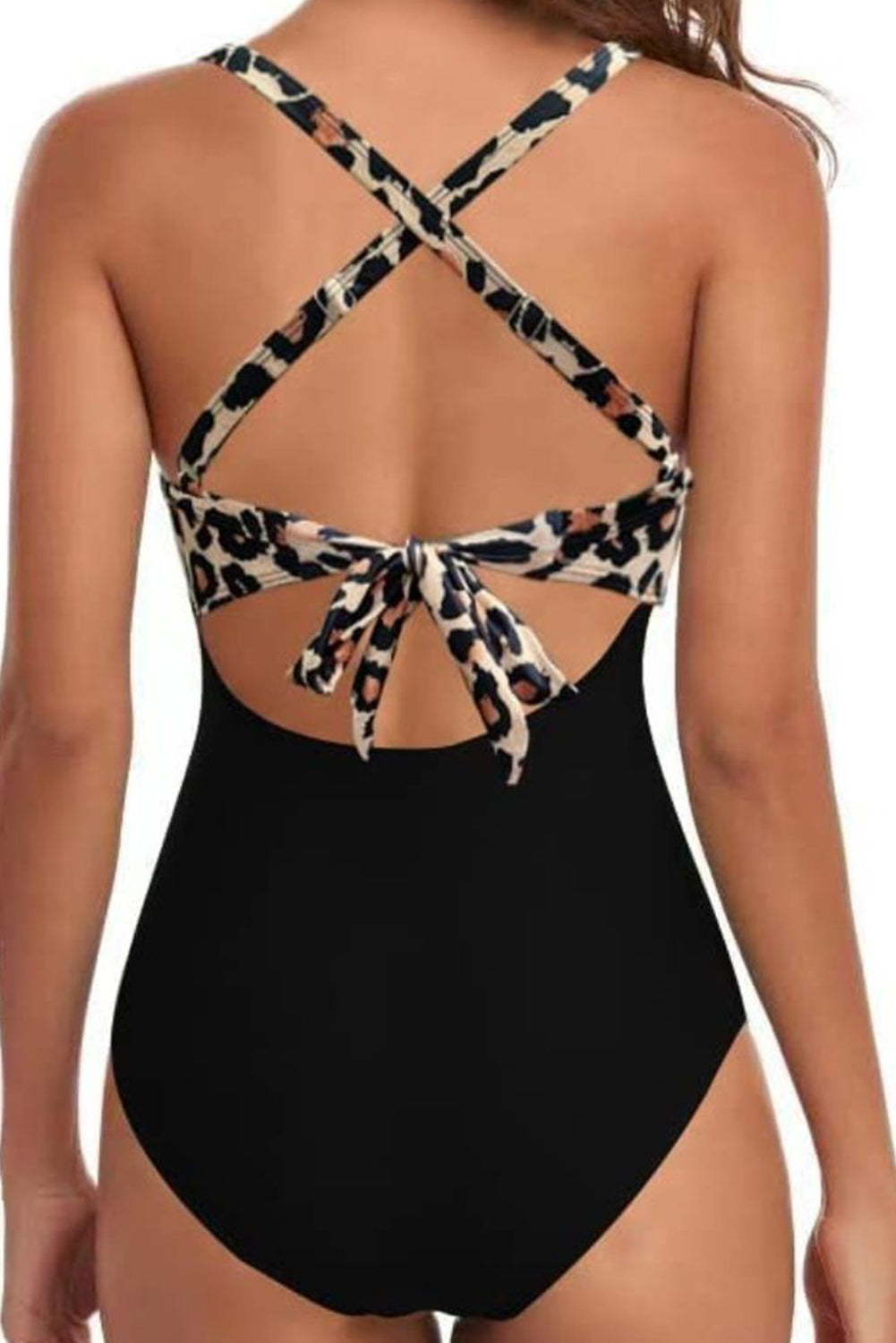 Black Leopard 2-tone Crossed Cutout Backless Monokini.