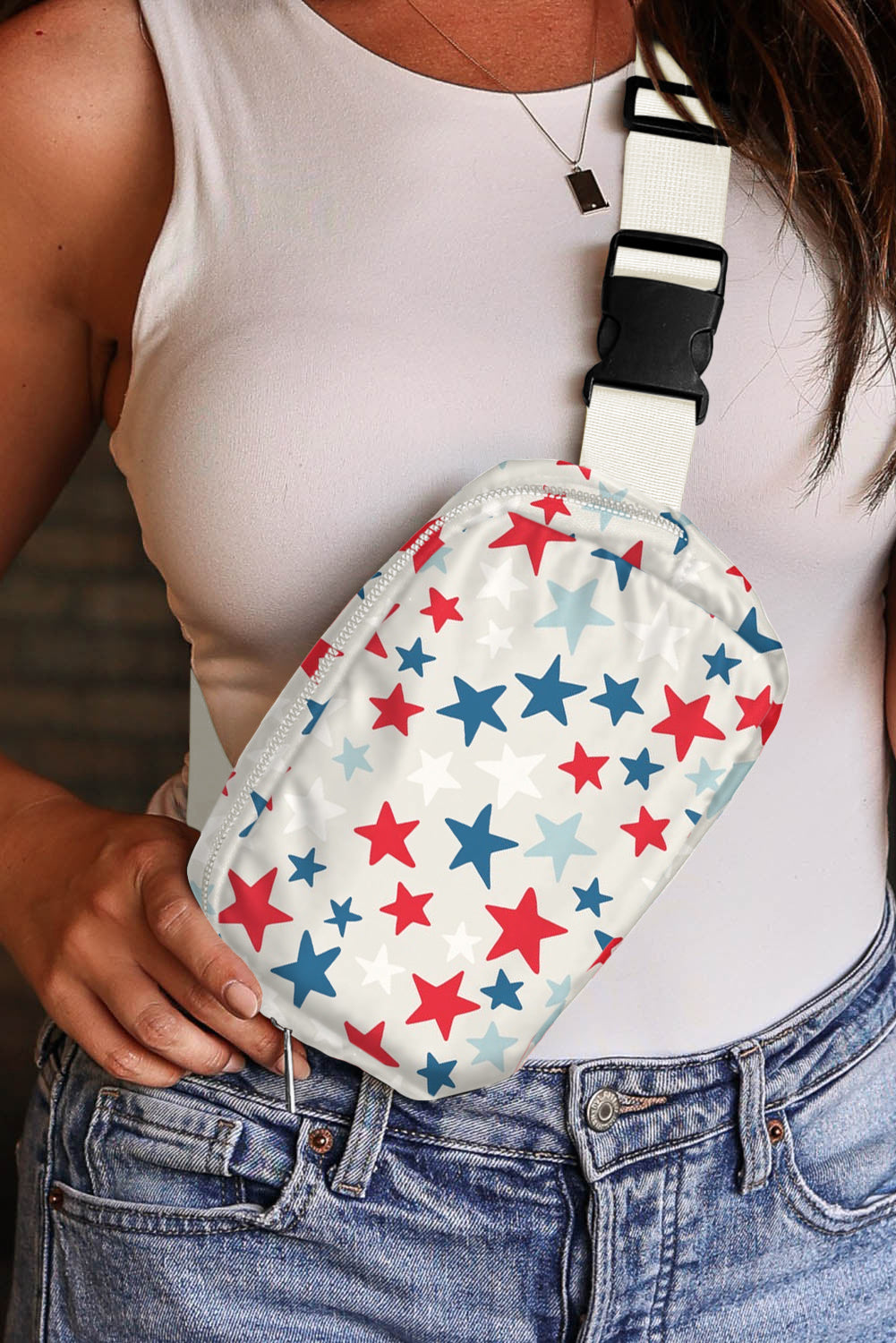 White Star Printed Buckle Strap Flag Day Crossbody Bag.