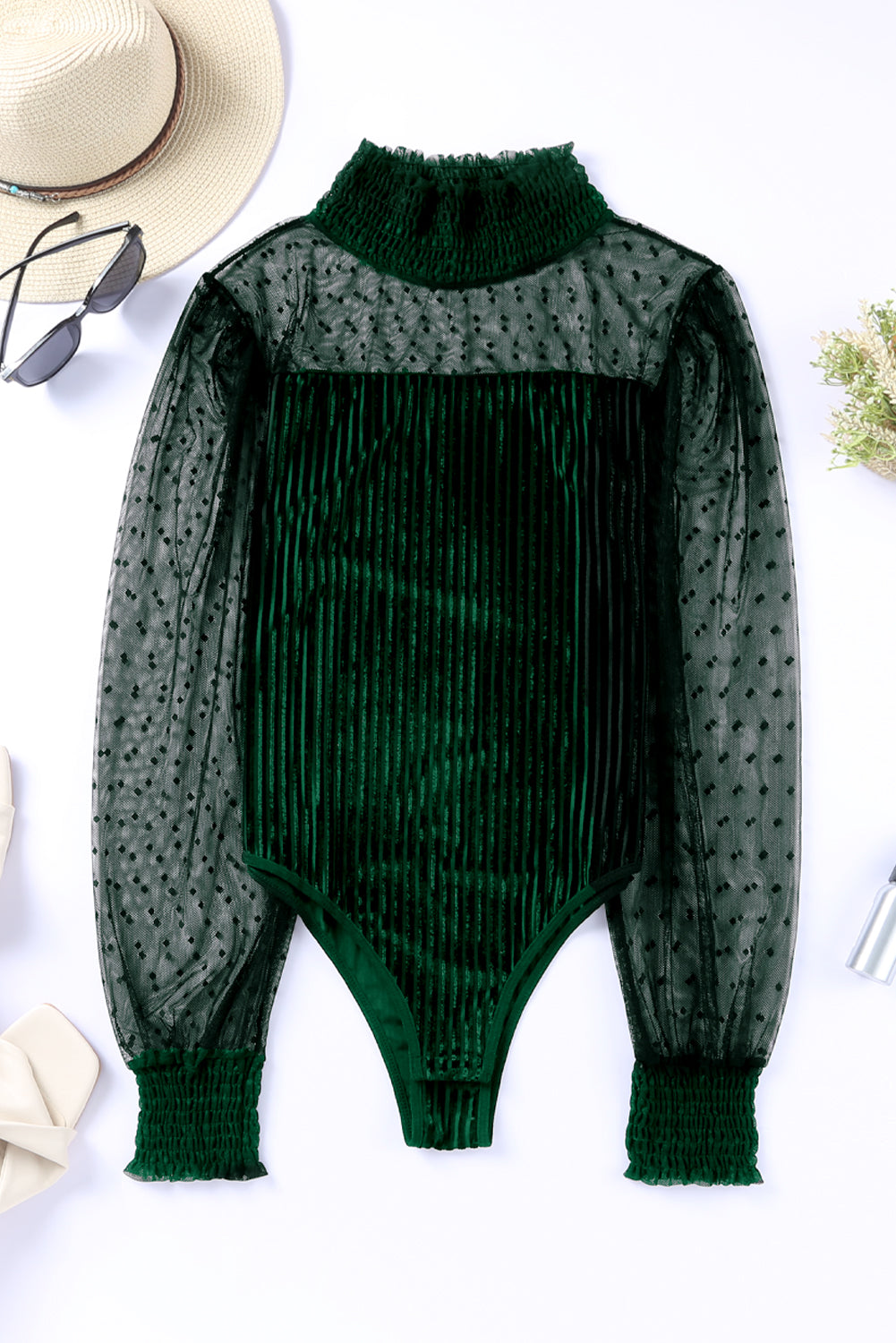 Green Sheer Dotty Long Sleeve Ribbed Velvet Bodysuit.