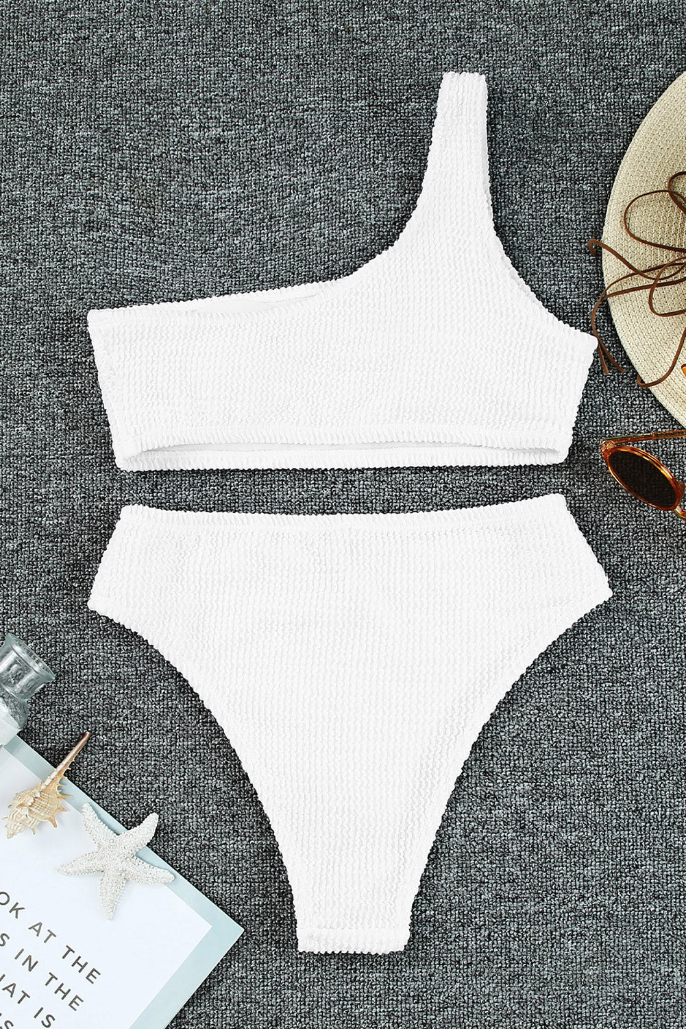 White Crinkle Textured Asymmetric One Shoulder Bikini Swimsuit.