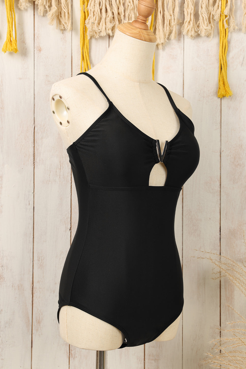 Black Spaghetti Straps Metal V Decor One-Piece Swimsuit.