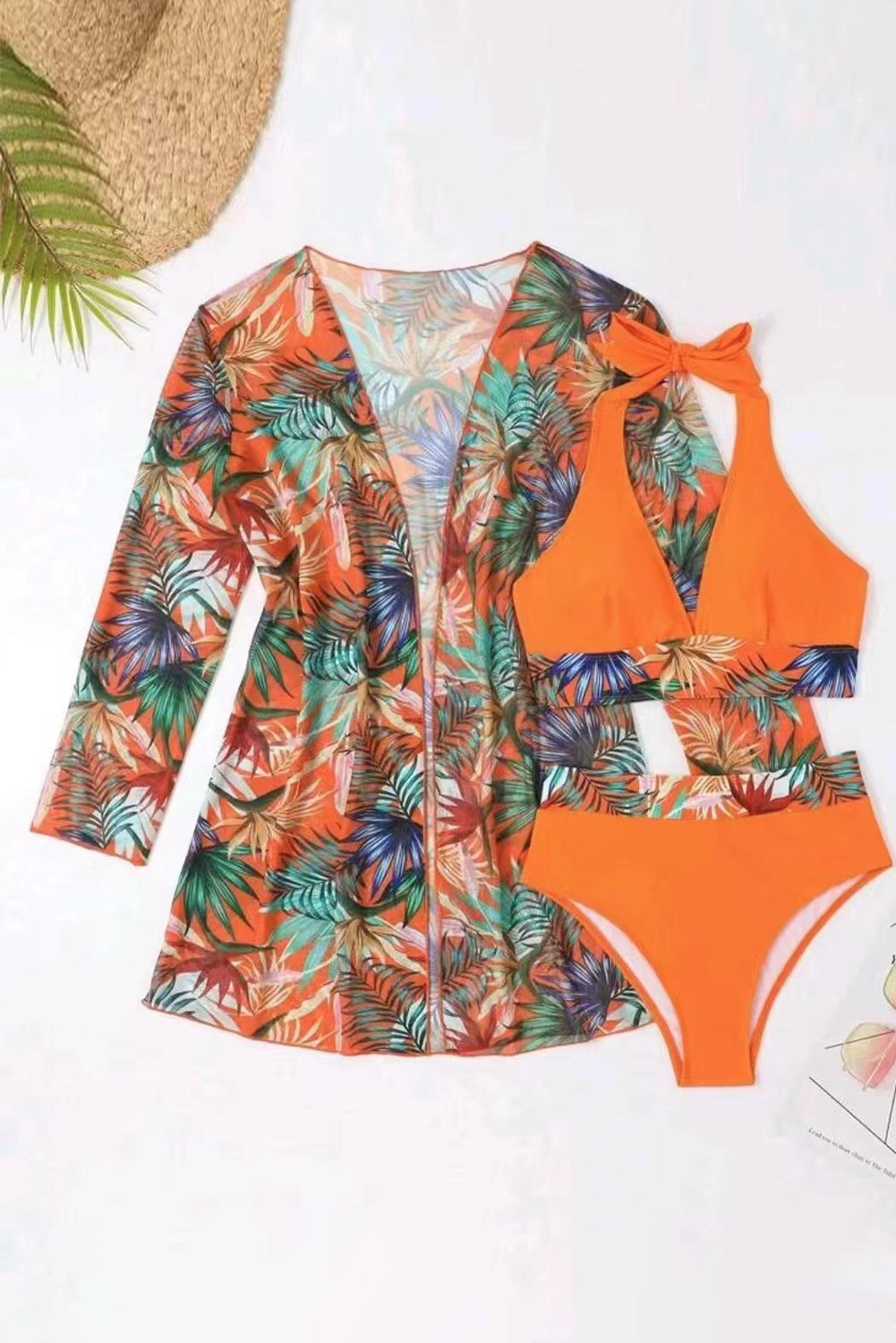 Carrot 3pcs Tropical Contrast Trim Halter Bikini Set with Cover up.