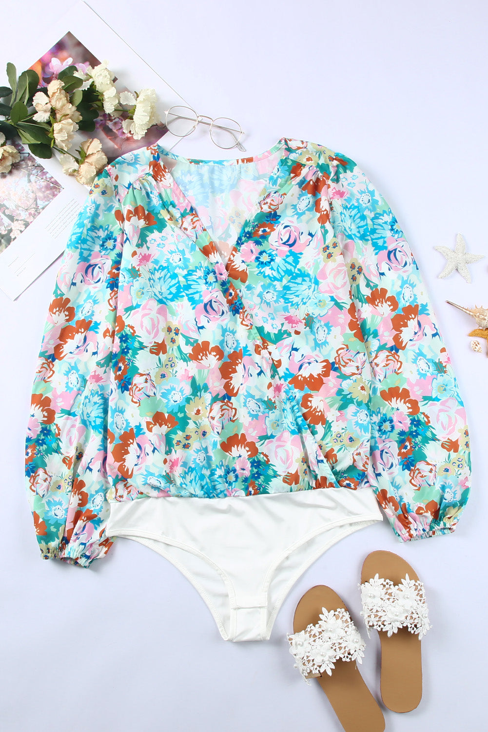 Sky Blue Floral Print Wrap Long Sleeve Bodysuit.