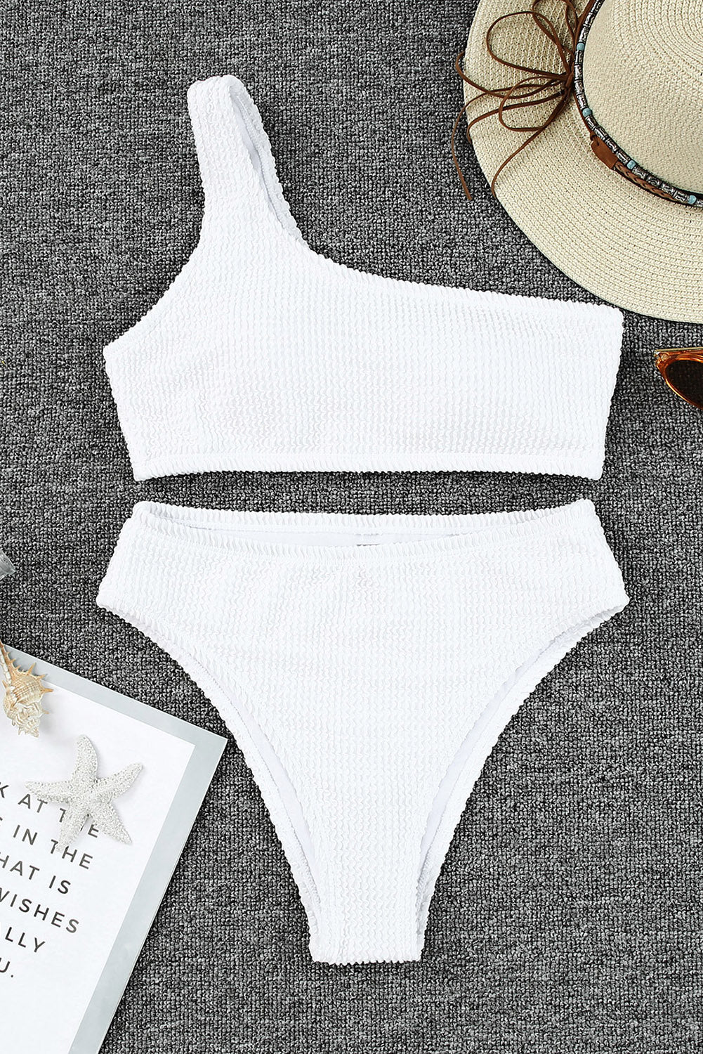 White Crinkle Textured Asymmetric One Shoulder Bikini Swimsuit.