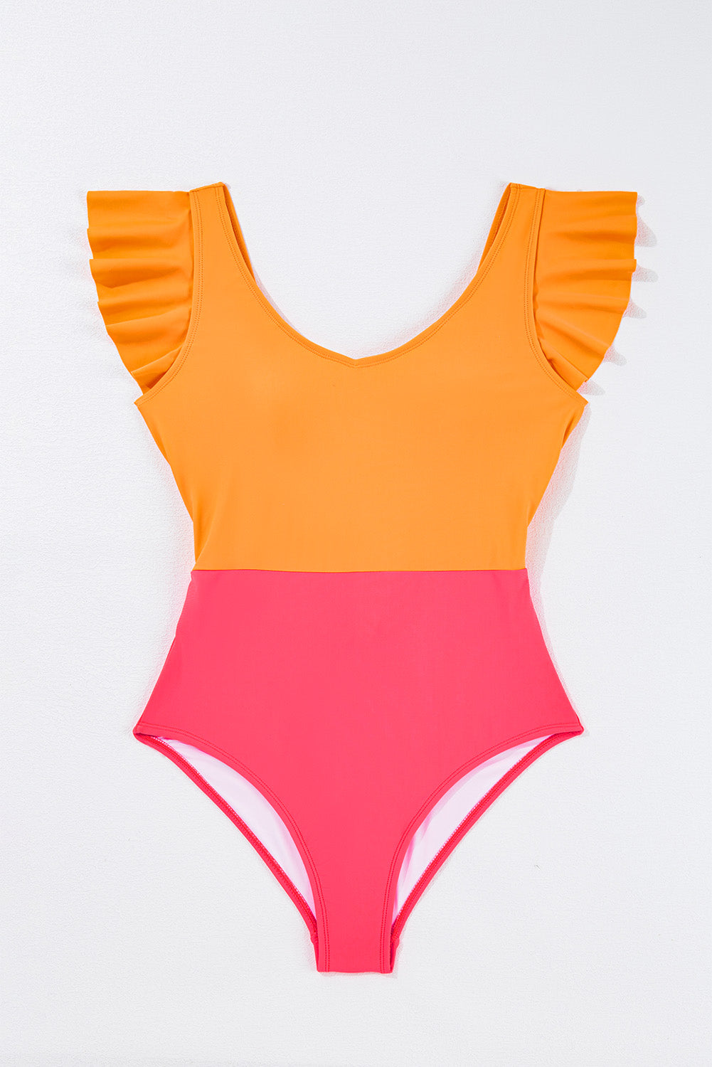 Vitality Orange Color Block Ruffled Knotted Backless One Piece Swimsuit.