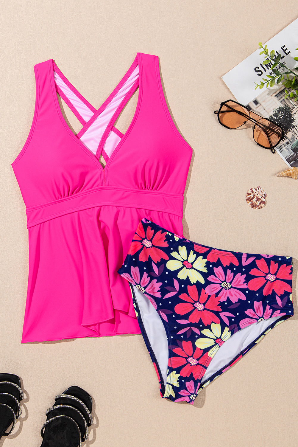 Rose V Neck Ruffled Hem Floral Bottom Tankini Set.