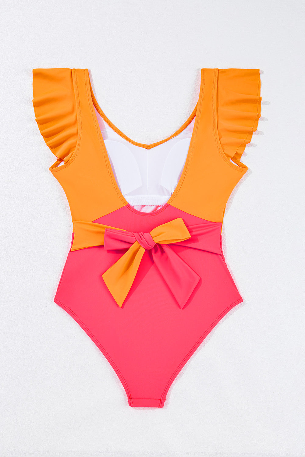 Vitality Orange Color Block Ruffled Knotted Backless One Piece Swimsuit.