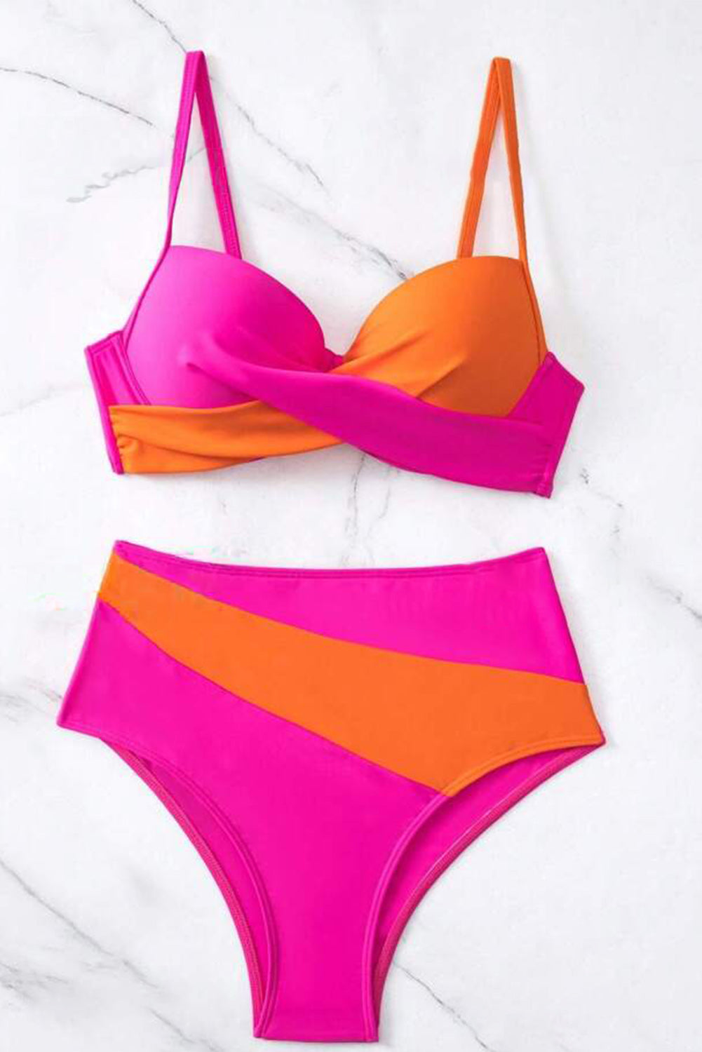 Rose Red 2-tone Patchwork Twist Bikini High Waist Swimsuit.