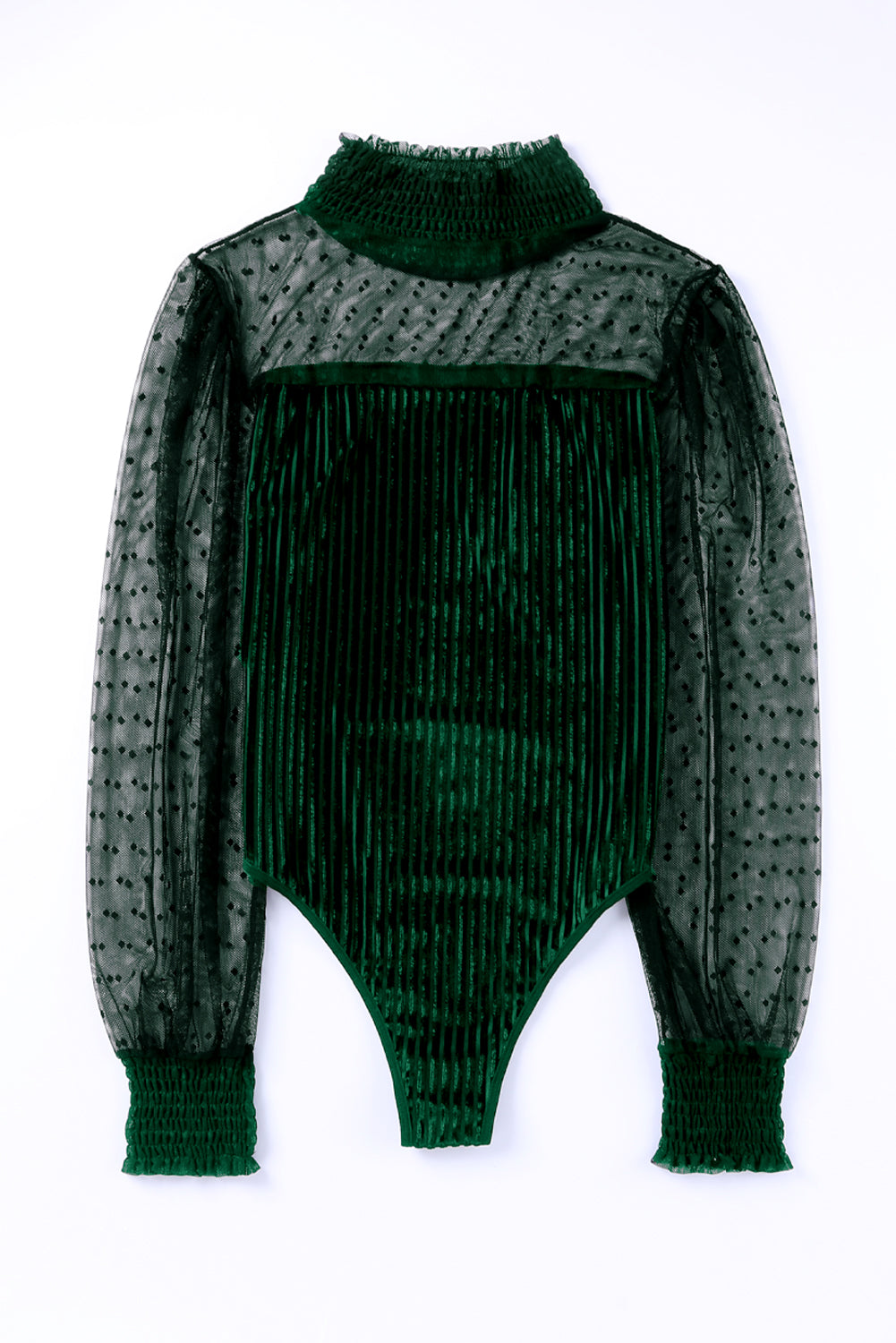 Green Sheer Dotty Long Sleeve Ribbed Velvet Bodysuit.