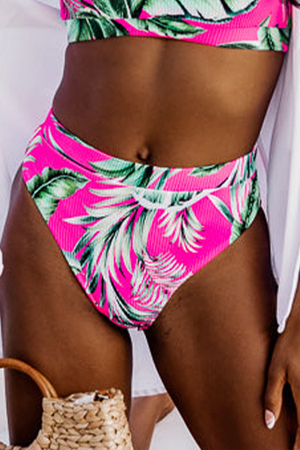 Rose Tropical Print Textured Bikini Bottoms.