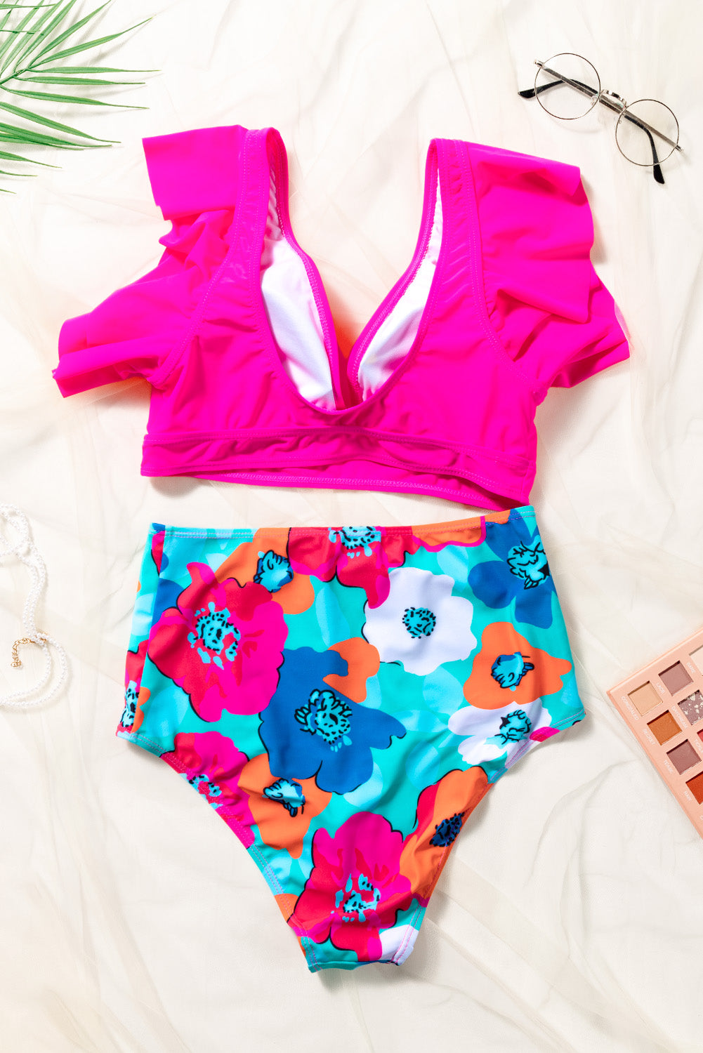 Rose V Neck Ruffles Floral Print High Waist Bikini.