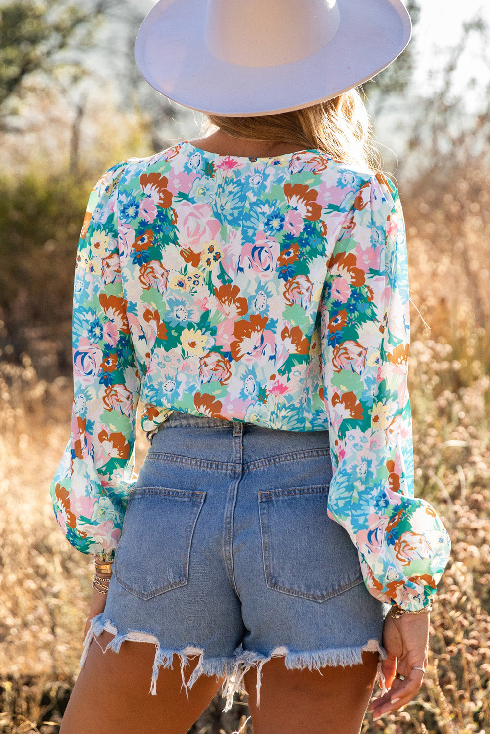 Sky Blue Floral Print Wrap Long Sleeve Bodysuit.