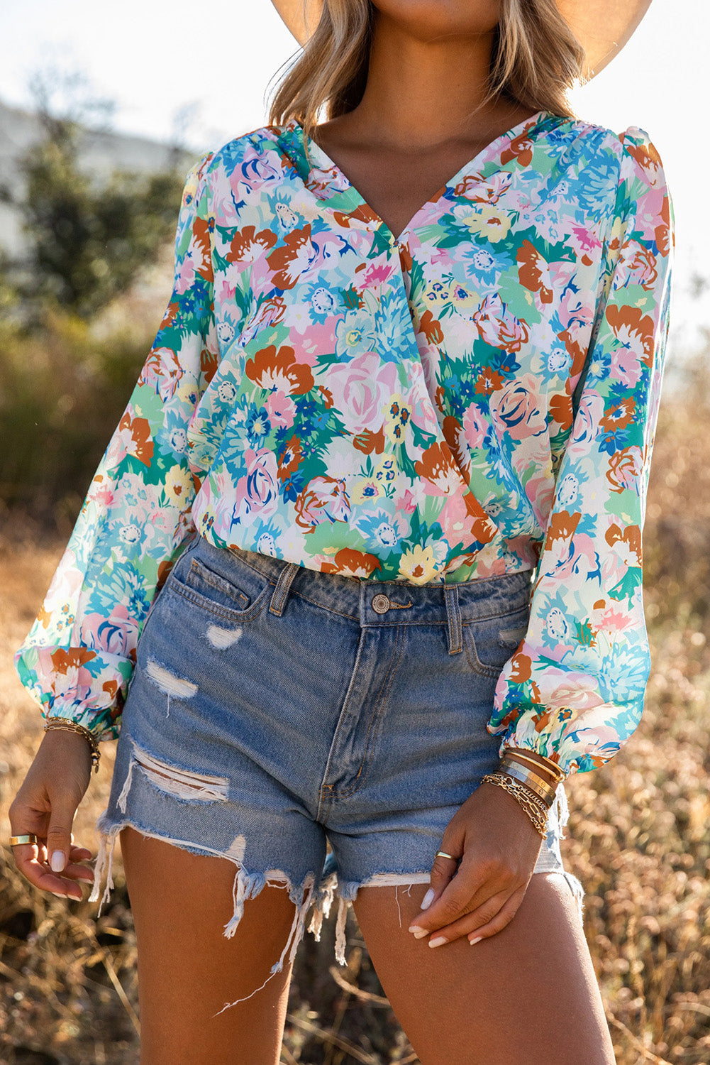 Sky Blue Floral Print Wrap Long Sleeve Bodysuit.