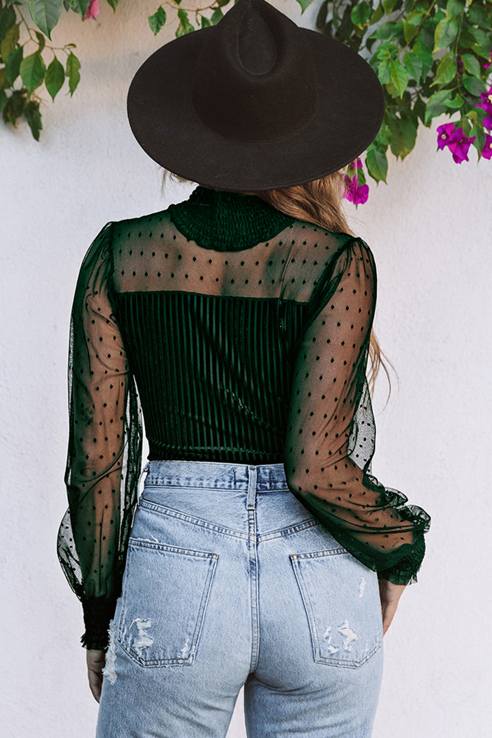 Green Sheer Dotty Long Sleeve Ribbed Velvet Bodysuit.