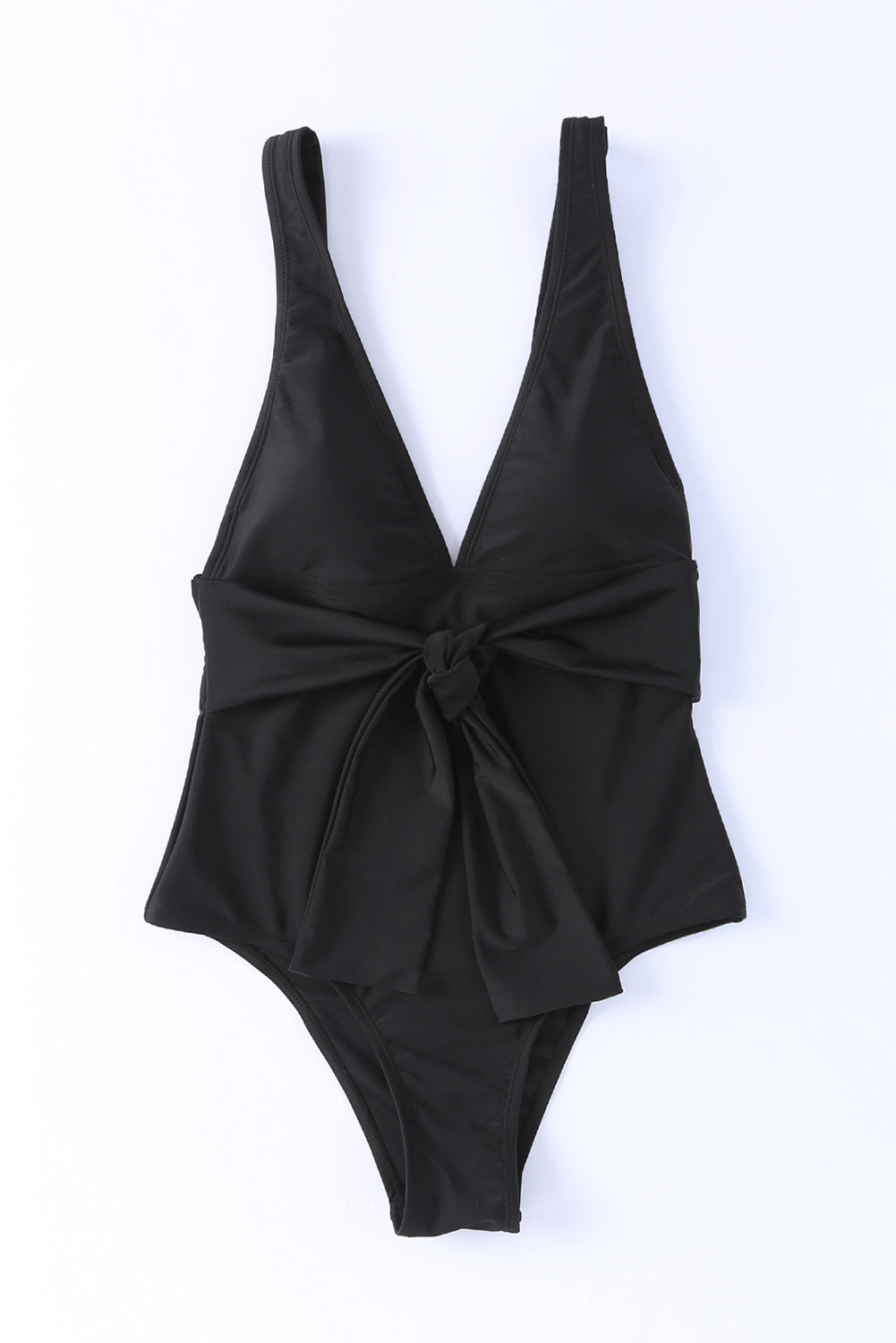 Black Deep V Neck Tie Waist One-piece Swimsuit.