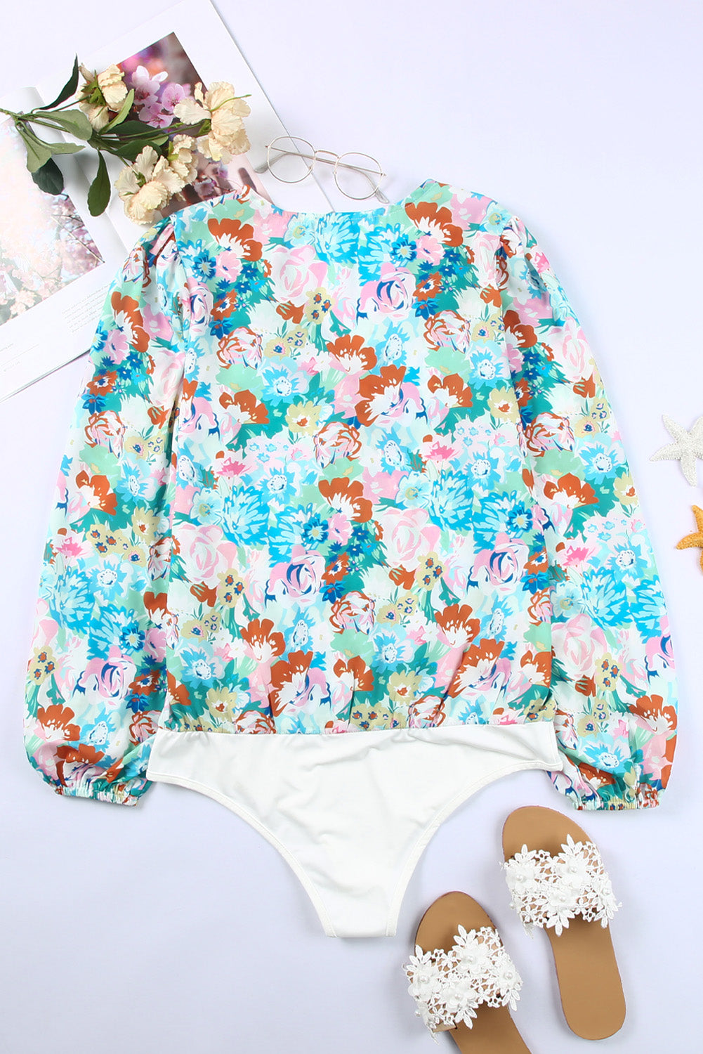 Sky Blue Floral Print Wrap Long Sleeve Bodysuit.