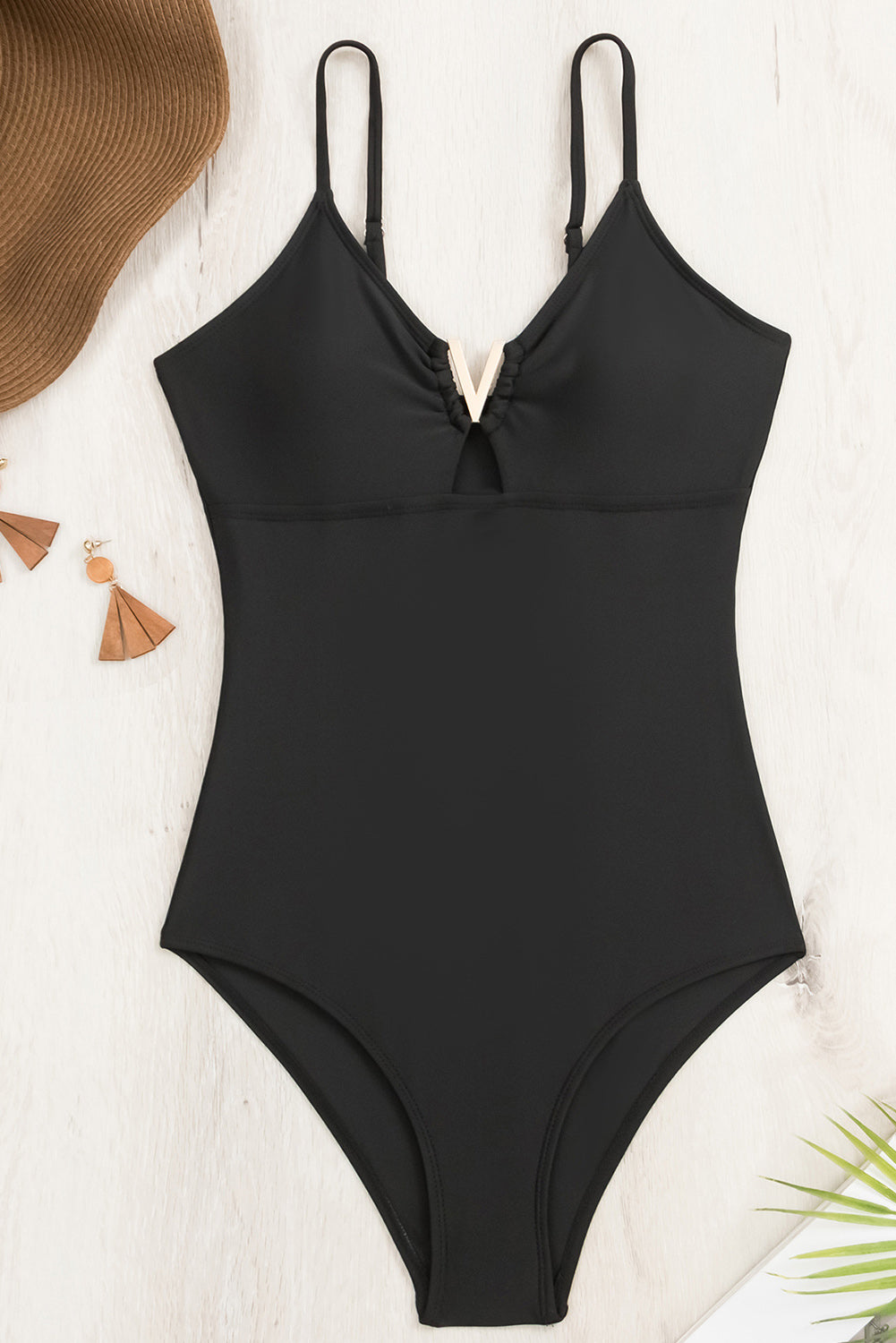 Black Spaghetti Straps Metal V Decor One-Piece Swimsuit.