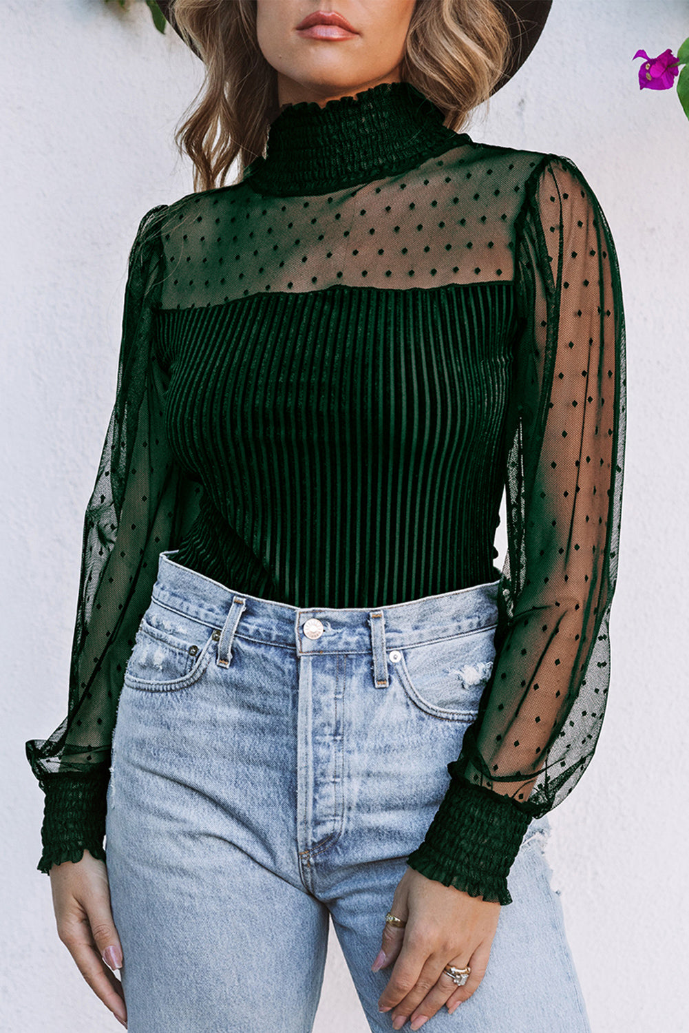 Green Sheer Dotty Long Sleeve Ribbed Velvet Bodysuit.