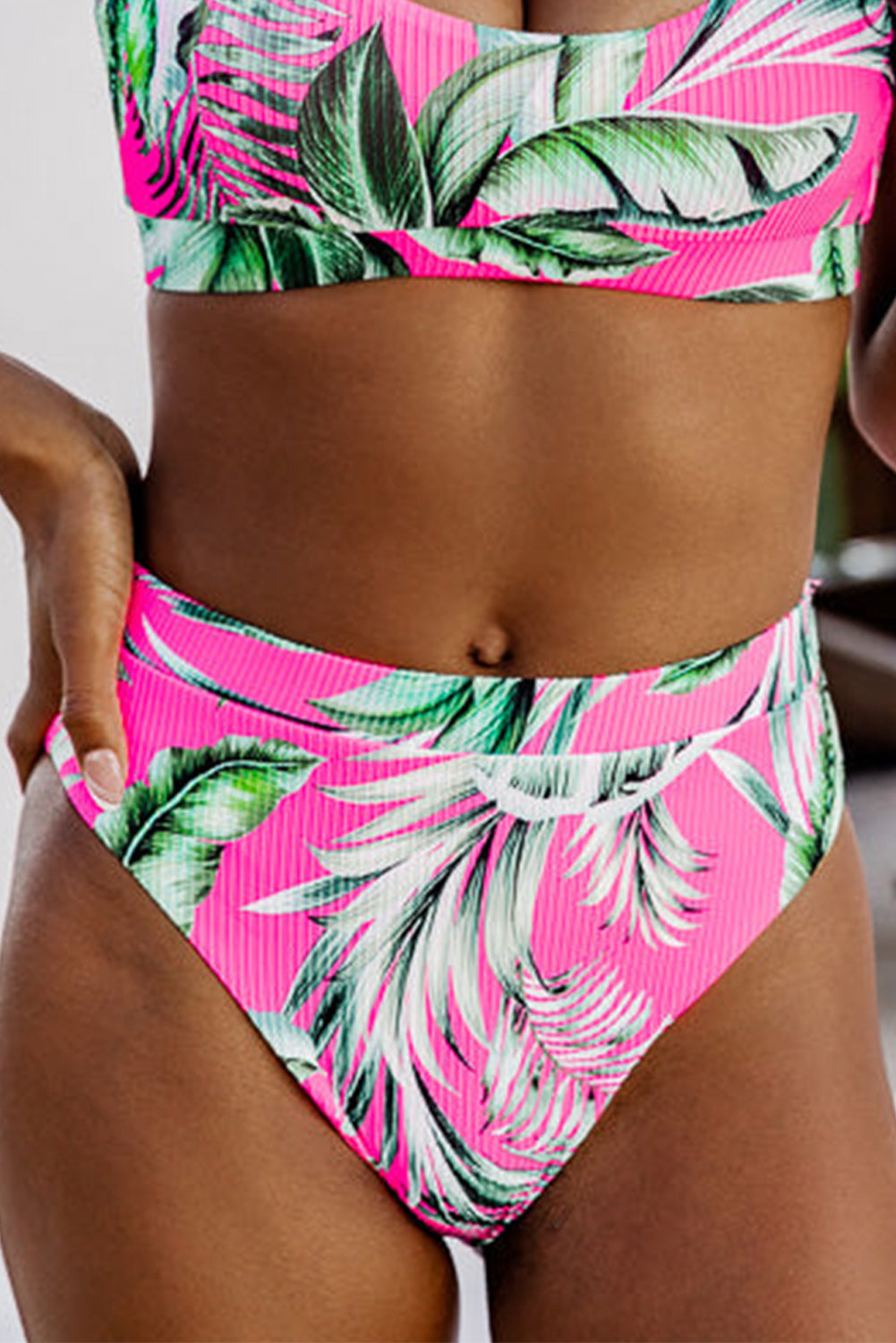 Rose Tropical Print Textured Bikini Bottoms.