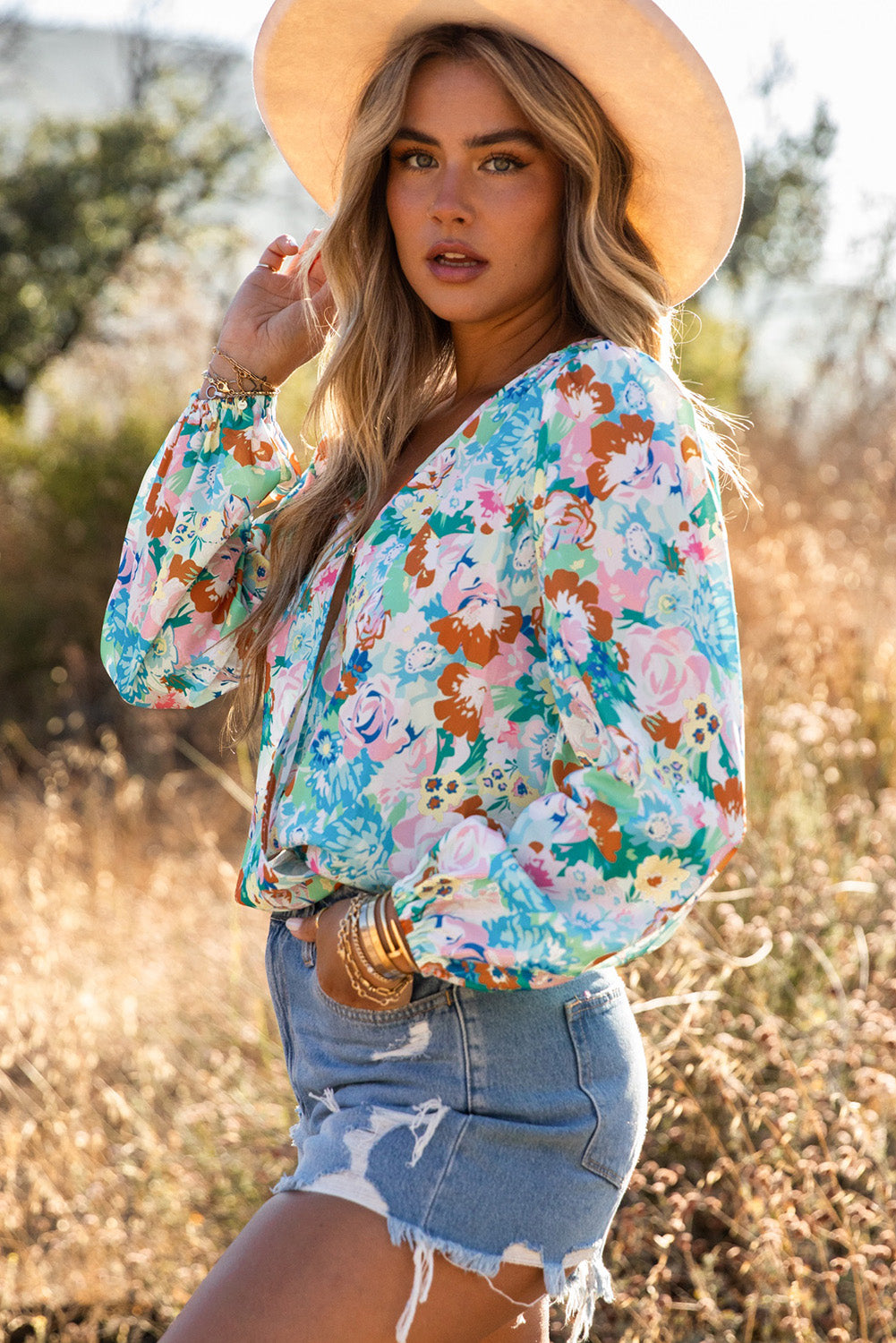 Sky Blue Floral Print Wrap Long Sleeve Bodysuit.