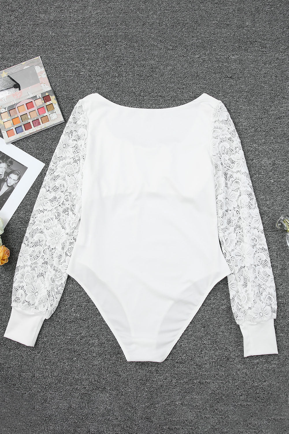 White Lace Sleeves Square Neck Bodysuit.