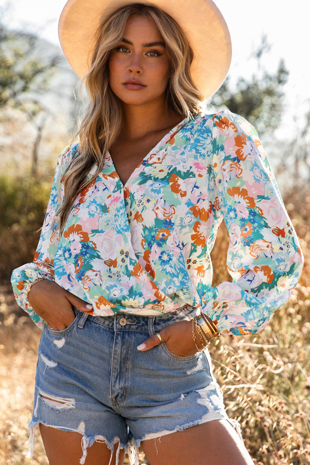 Sky Blue Floral Print Wrap Long Sleeve Bodysuit.