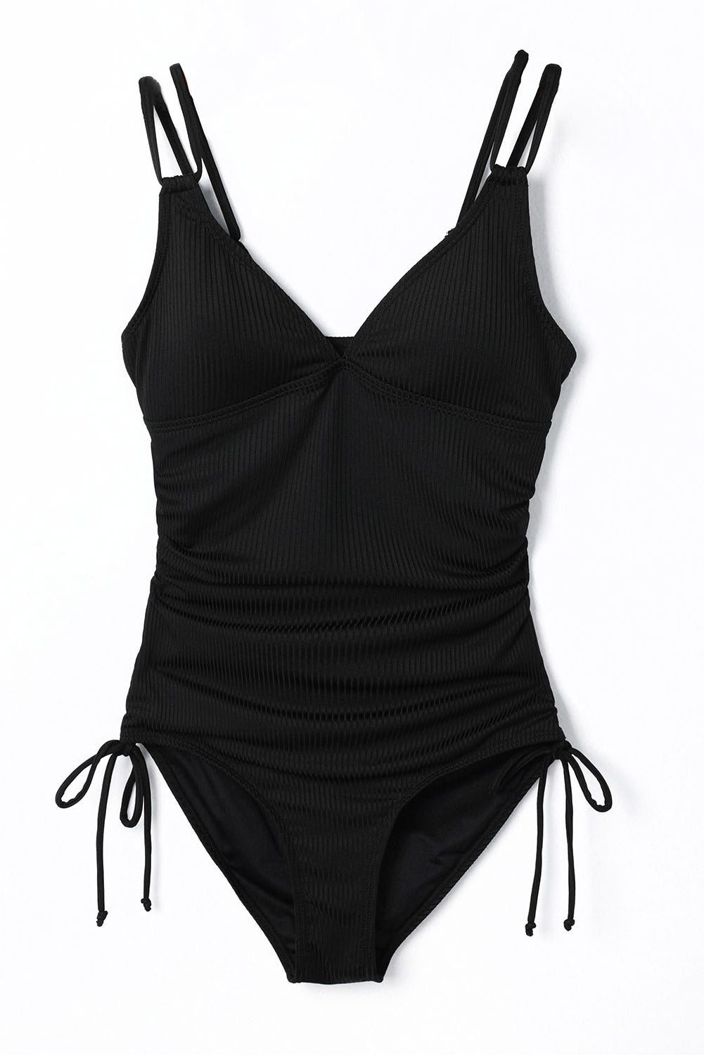 Black Adjustable Straps Ribbed Knit One Piece Swimsuit.