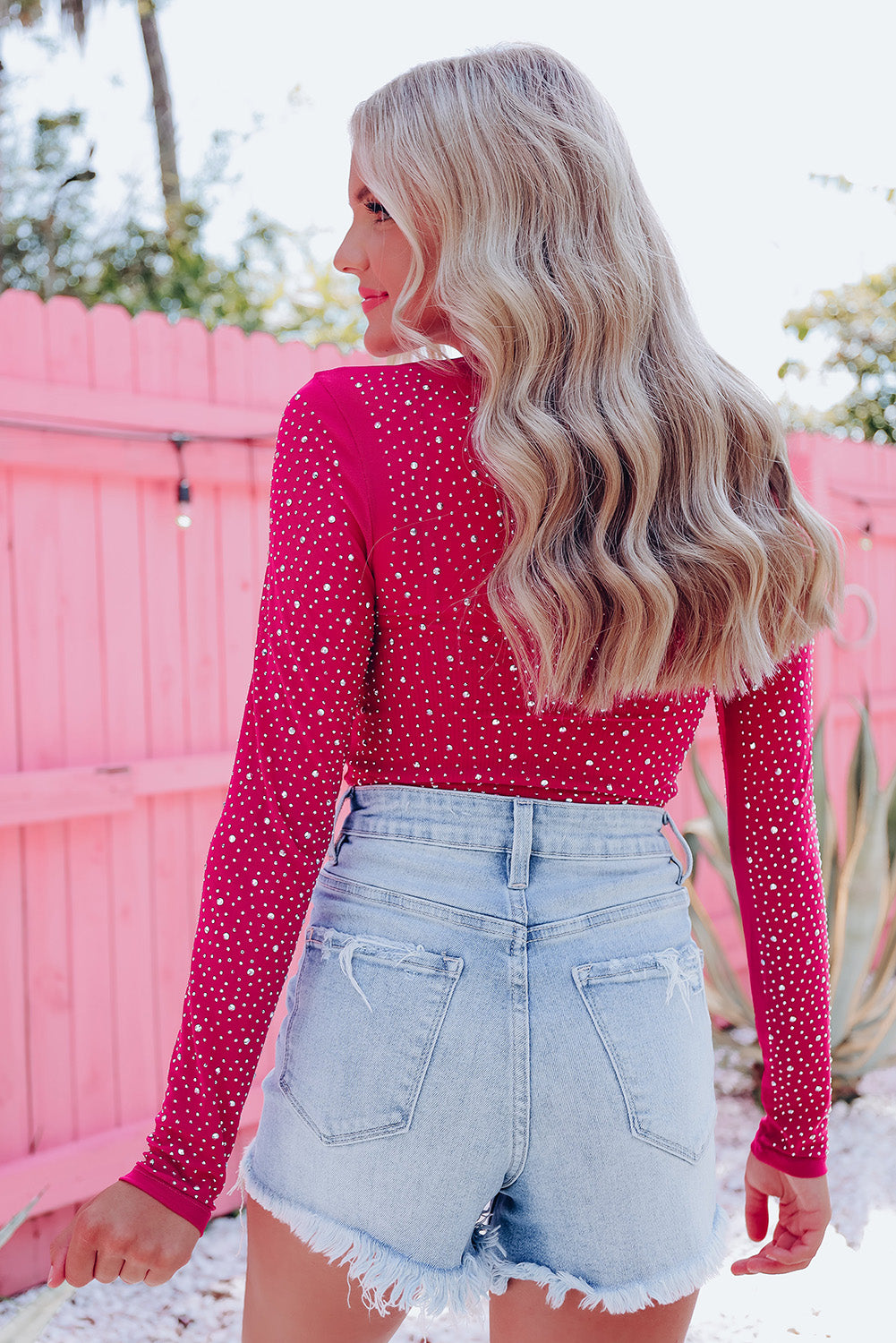 Rose Rhinestone O-neck Long Sleeve Bodysuit.