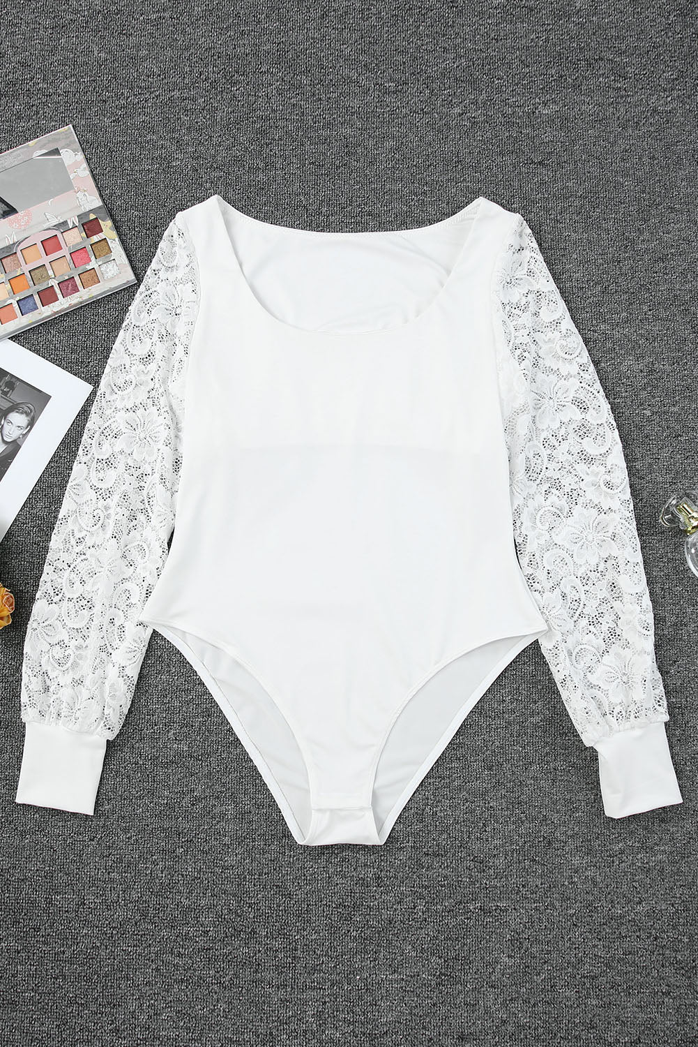 White Lace Sleeves Square Neck Bodysuit.