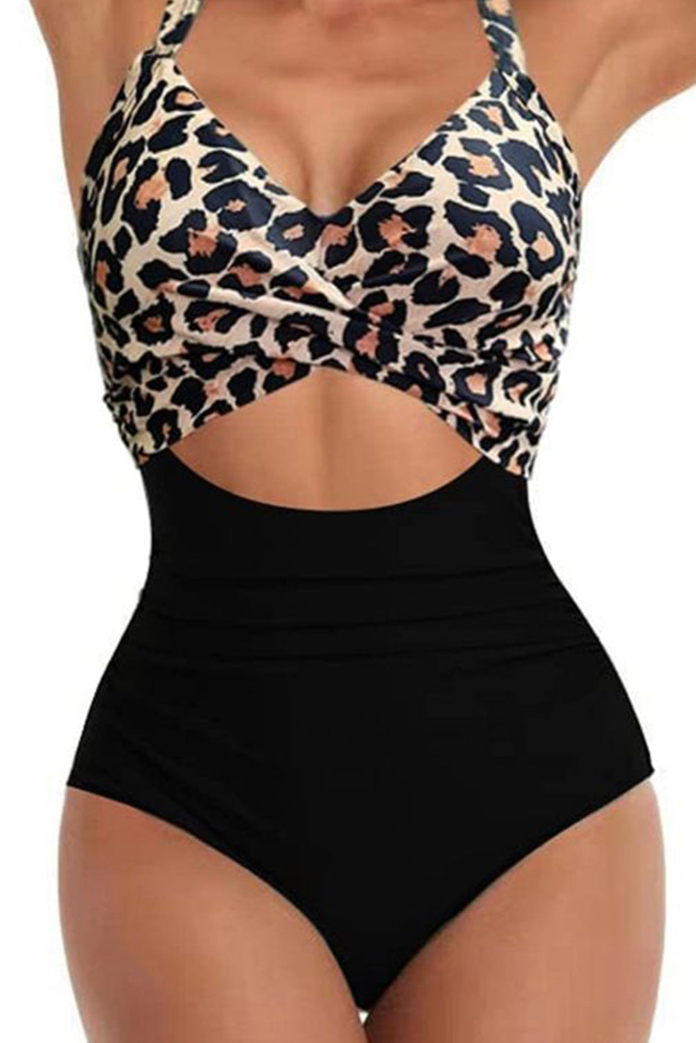 Black Leopard 2-tone Crossed Cutout Backless Monokini.