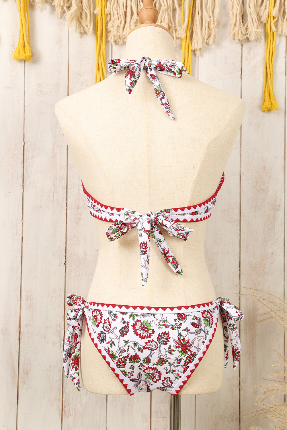 Red Floral Halter O-Ring Backless Knot Bikini Set.